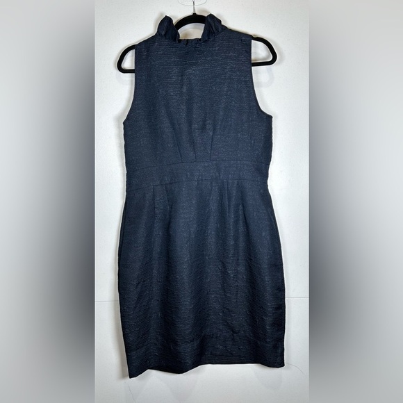 Danny & Nicole Navy Ribbed Sheath Knee Length Dress with Ruffled VNeck Collar. - Picture 2 of 10